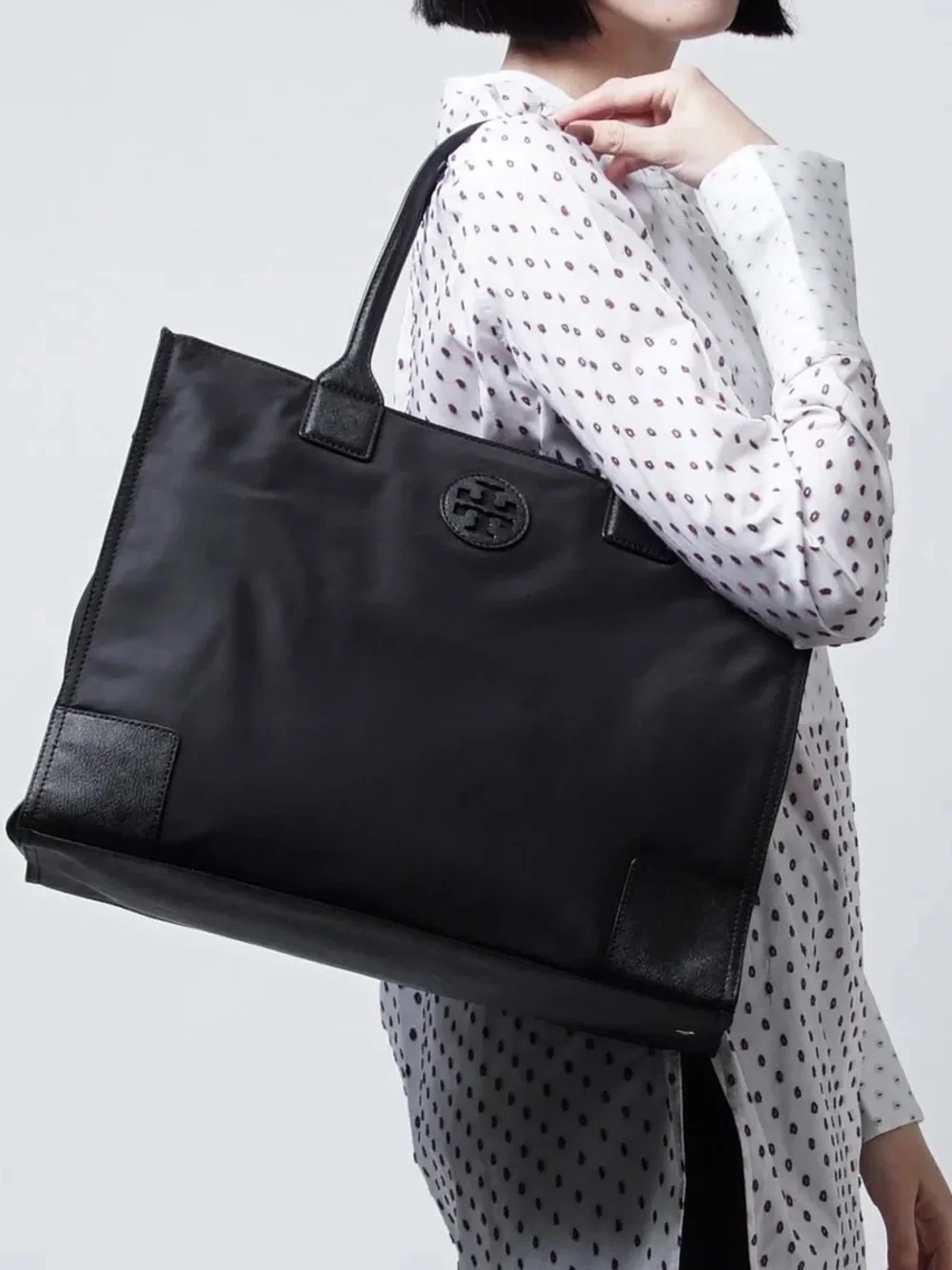 Tory Burch Black Nylon Ella Tote Bag Double T Logo Leather Trim Large Shopper